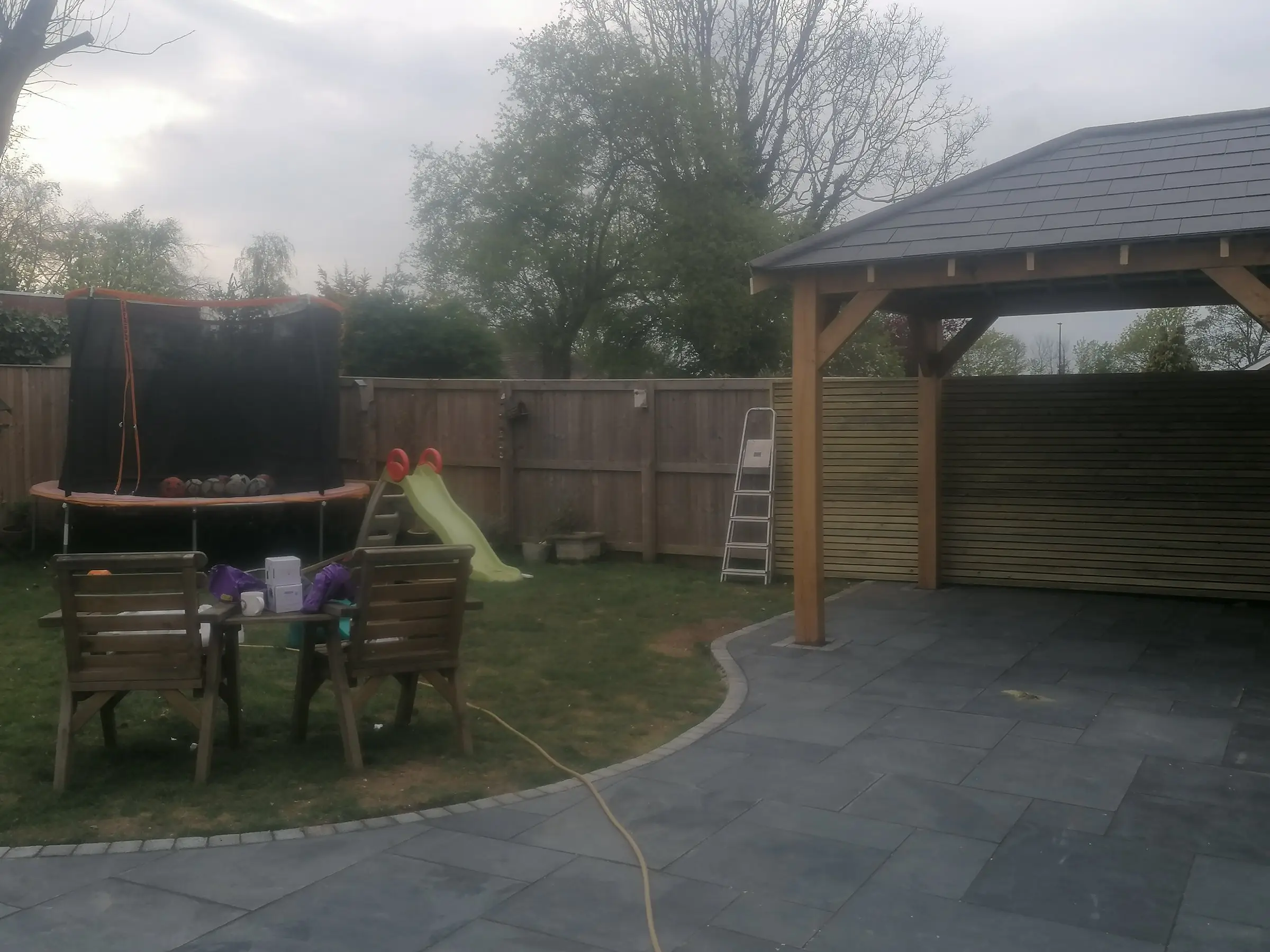 Oak gazebo and slate patio