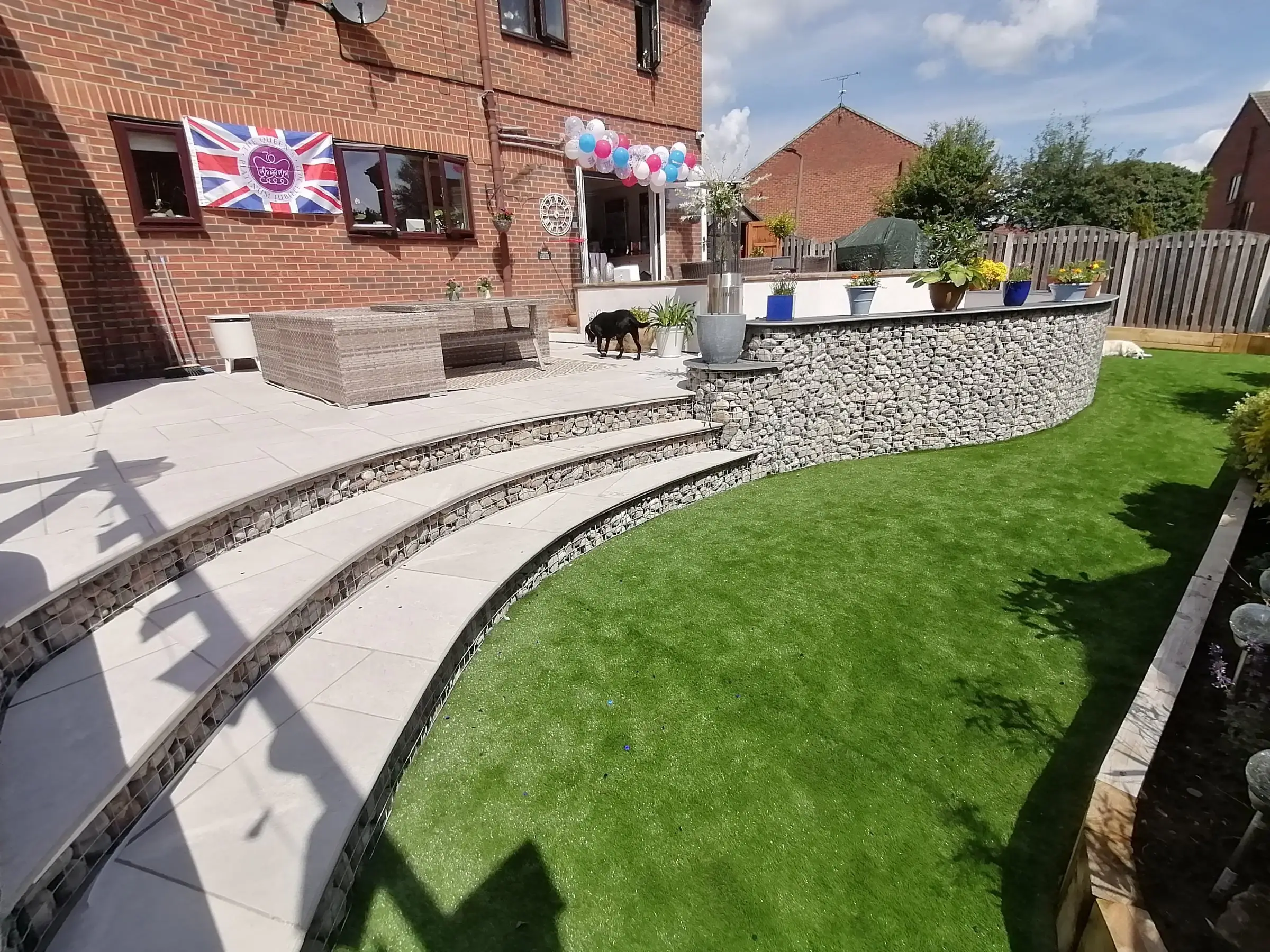 Cantley garden redesigned with gabion walls and large patio