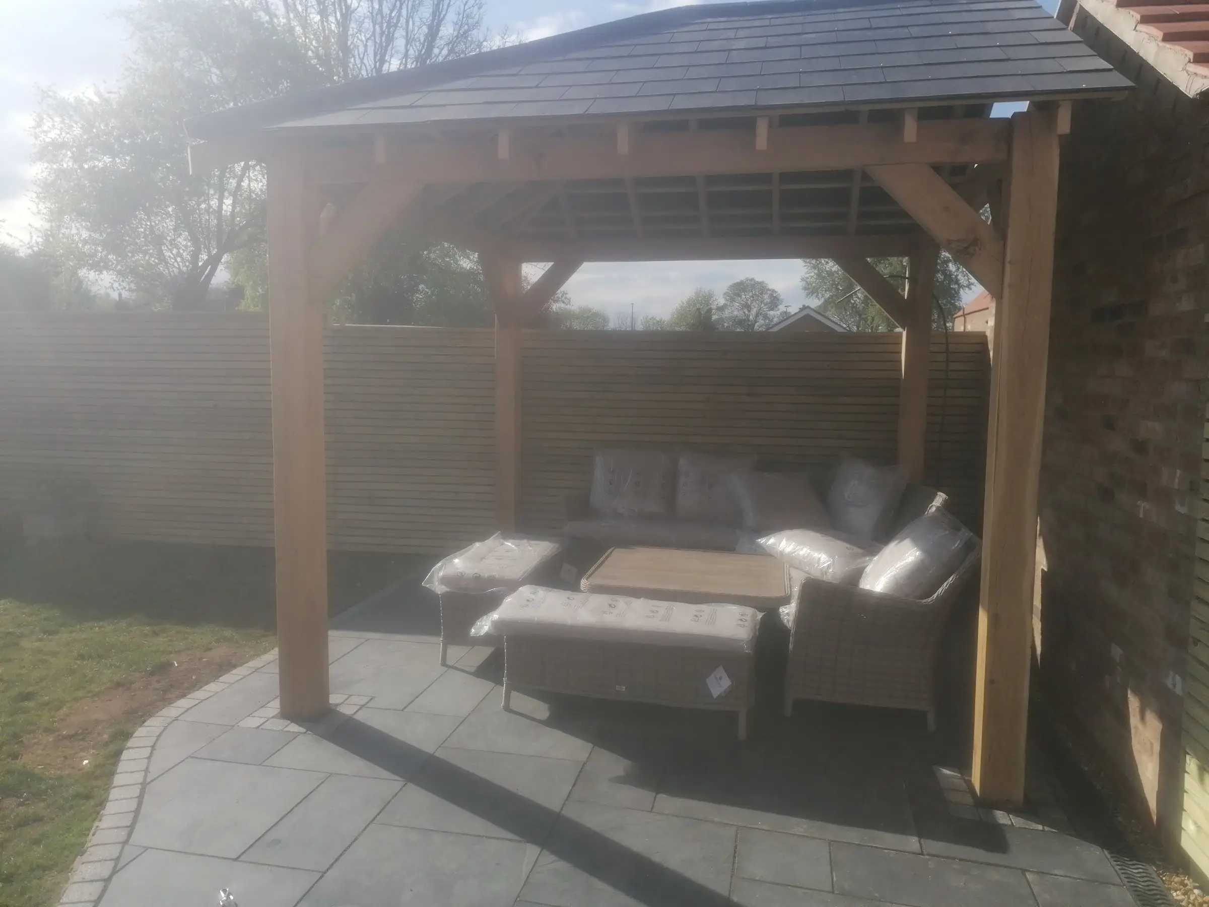 Oak gazebo and slate patio
