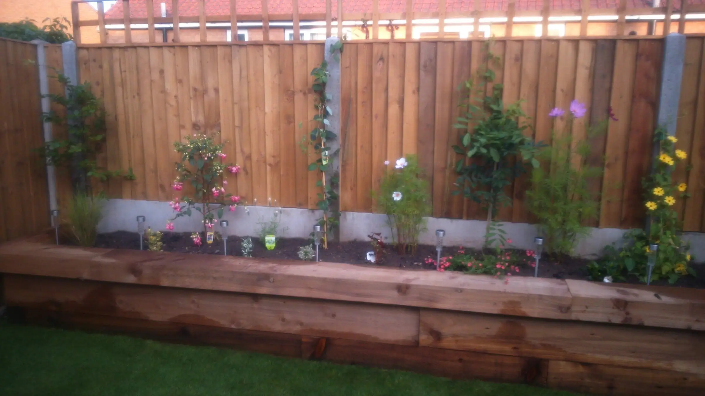 Decking with gabion detail, lawn reinstated and raised sleeper planters
