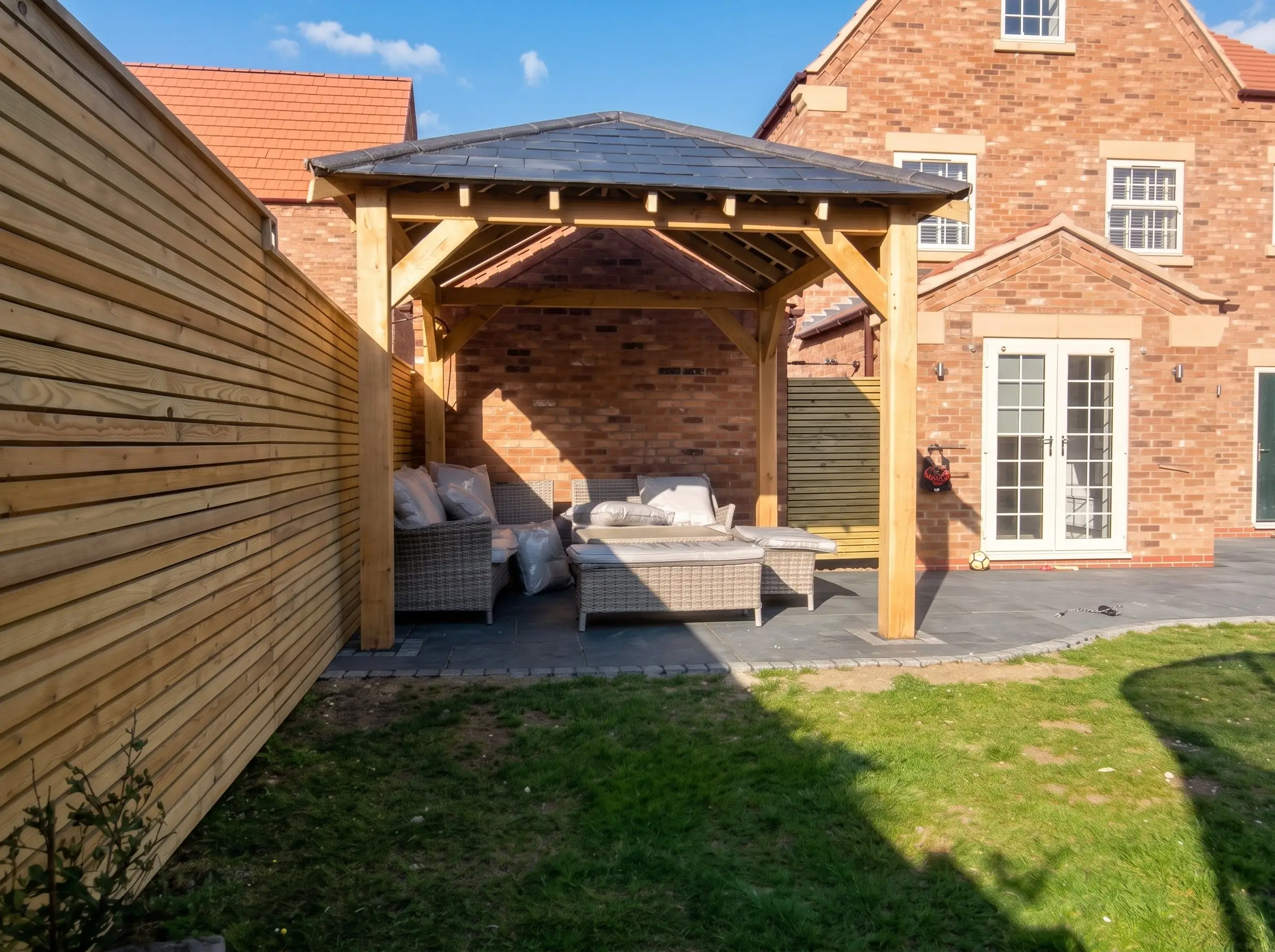 Oak Gazebo, Slate patio, lath fencing
