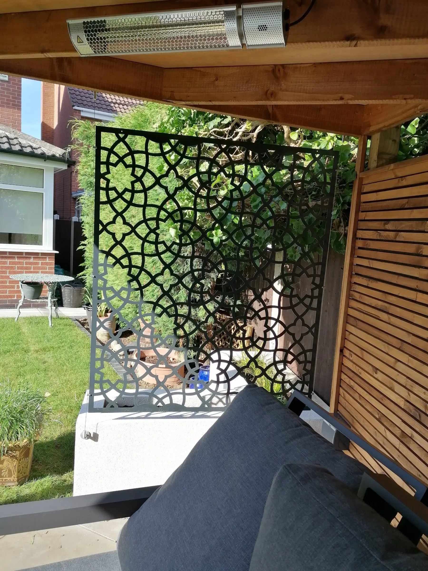 Gazebo, planters, bespoke shed and log store