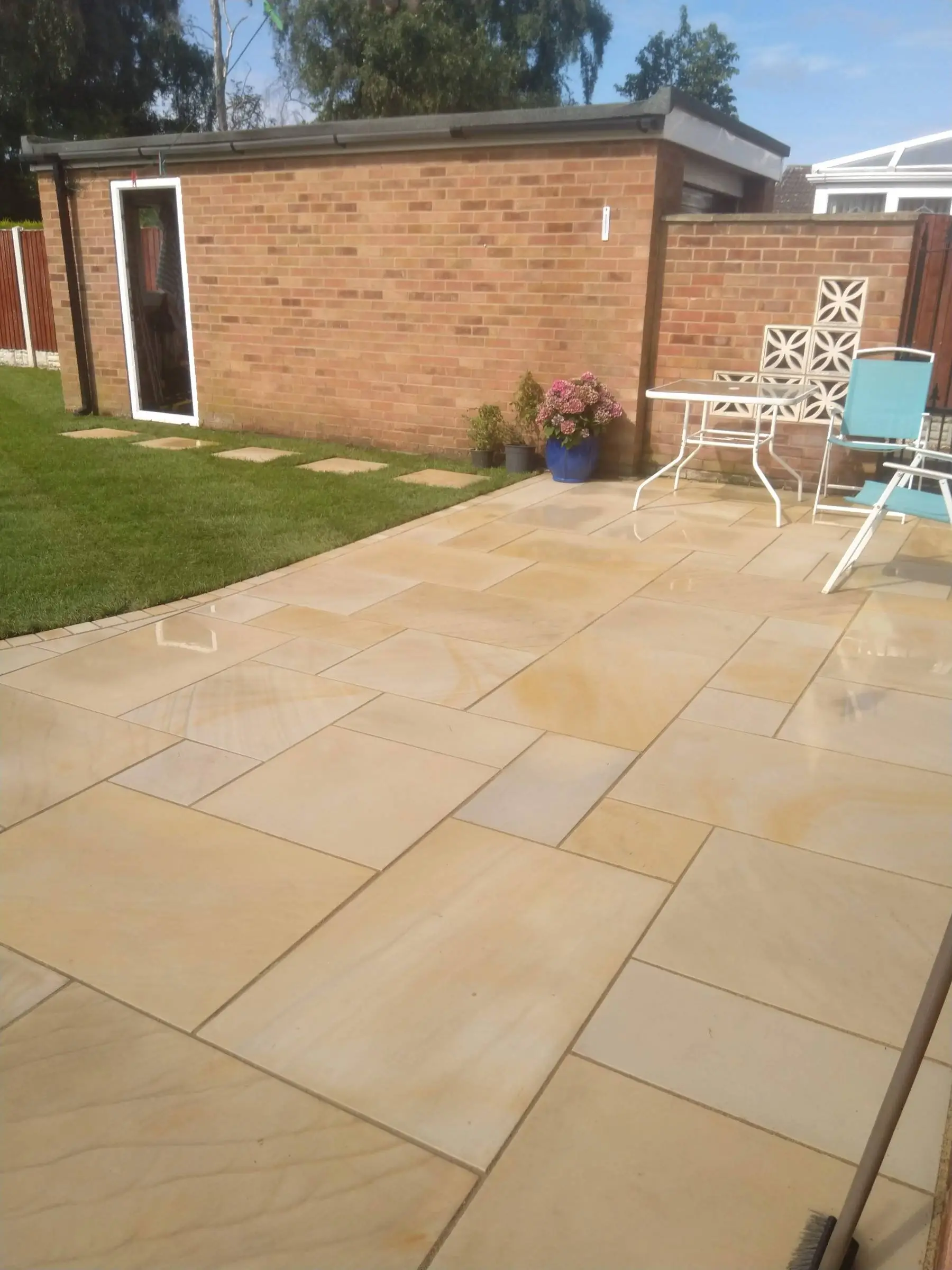 Cream Indian honed sandstone patio and lawn