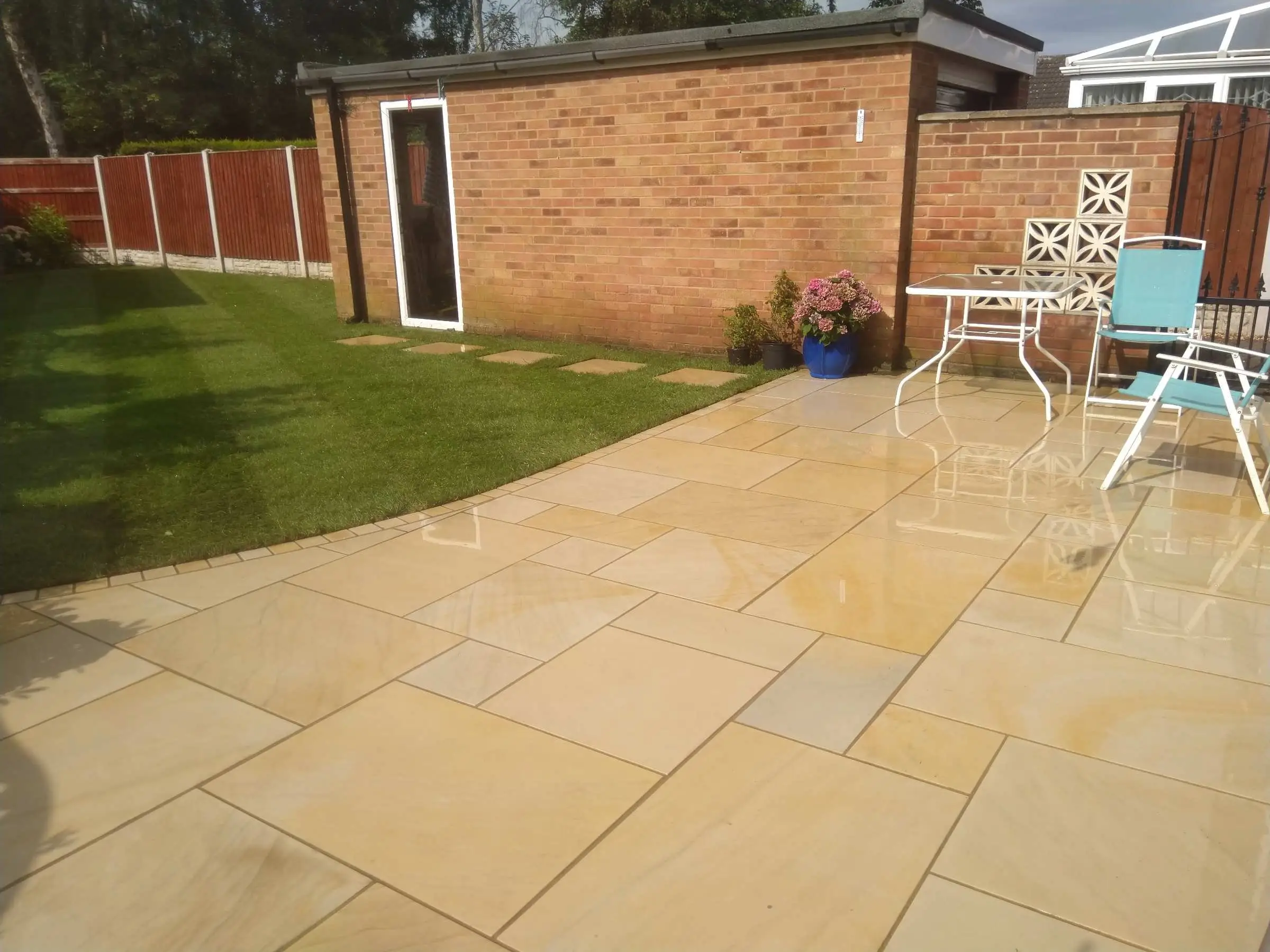 Cream Indian honed sandstone patio and lawn